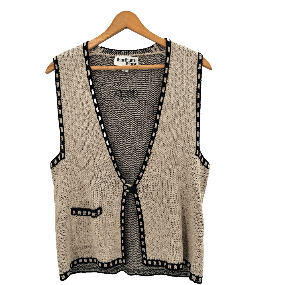Vintage 80s 90s Barbara Katz Beige Black Pocket Sweater Vest Womens Small